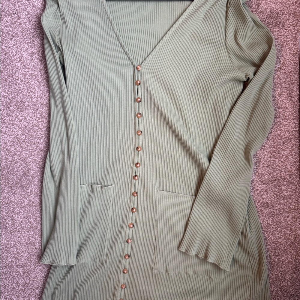 SABO Ribbed V-Neck Button-Front Dress in Olive Green